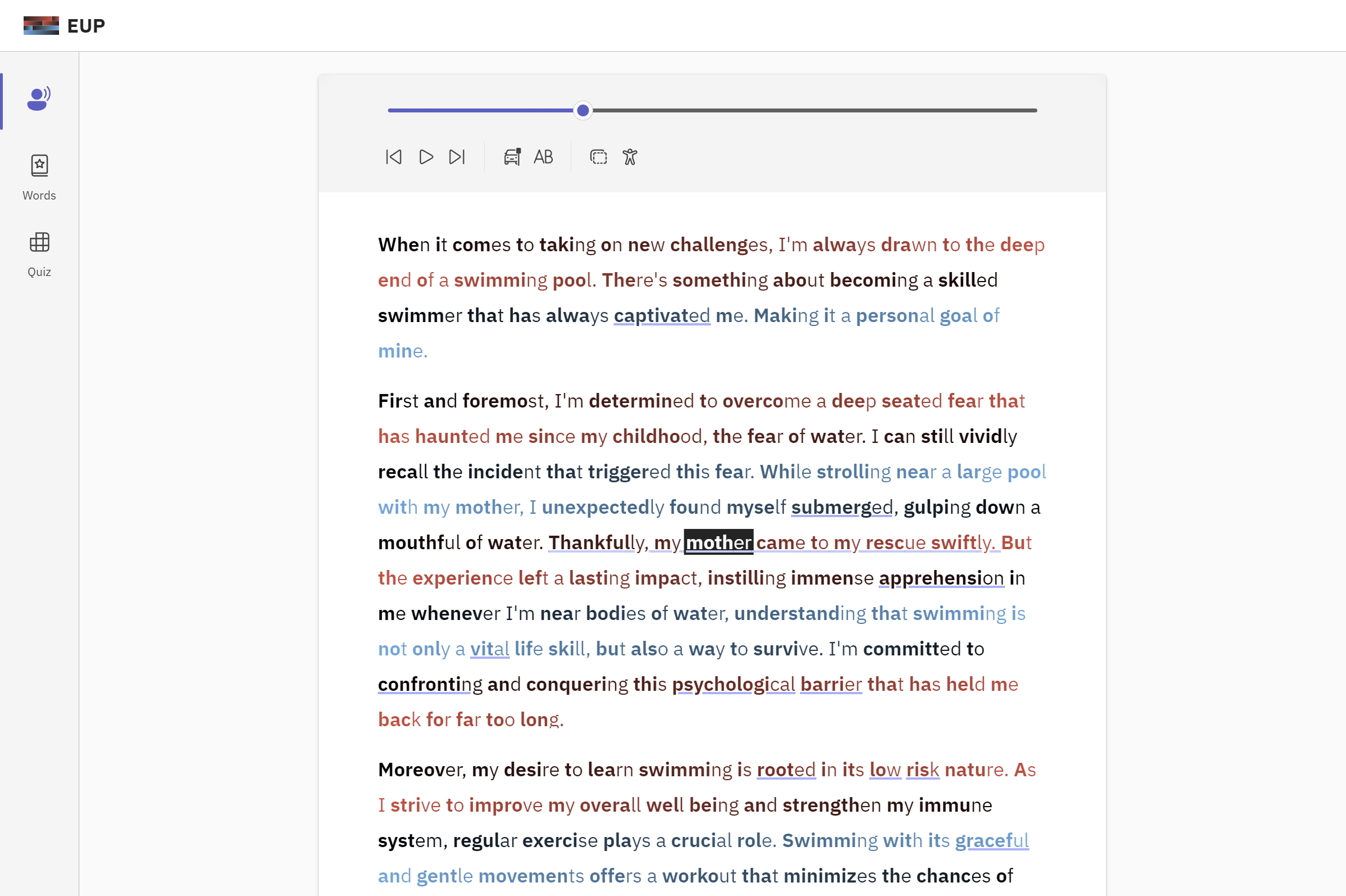 EUP visual-aid configuration, highlighting key vocabulary