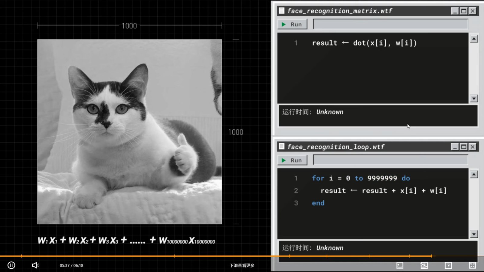 A cat photo beside two code windows comparing one matrix operation against a ten-million-step loop
