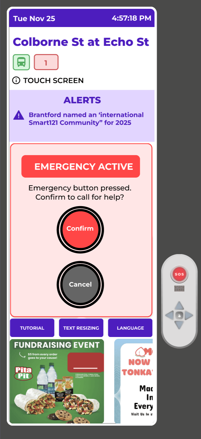 Close-up illustration of a plain red circular button on a grey pole with no label, a confused hand hovering near it